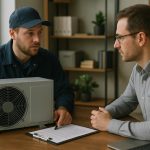 Technician installing a new HVAC unit on a rooftop during a hvac replacement service under clear blue sky