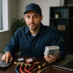 Technician in uniform performing hvac service and repair on an industrial air duct system under bright lighting
