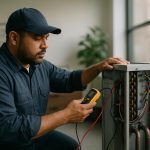 Technician performing hvac service maintenance on a rooftop AC unit using tools and an inspection checklist