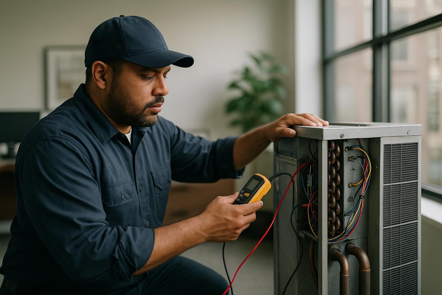 Technician performing hvac service maintenance on a rooftop AC unit using tools and an inspection checklist
