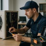 Rooftop HVAC service repair technician in safety gear diagnosing and fixing an outdoor air conditioning unit under blue sky