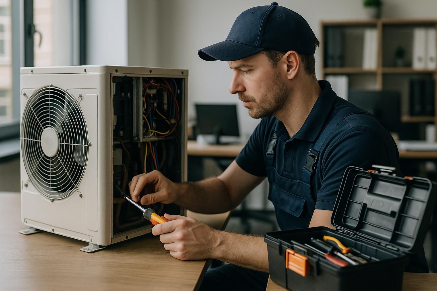 Rooftop HVAC service repair technician in safety gear diagnosing and fixing an outdoor air conditioning unit under blue sky