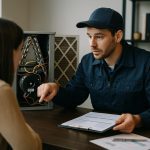 Technician in uniform servicing an air conditioning unit on a rooftop with tools, illustrating hvac services and repair