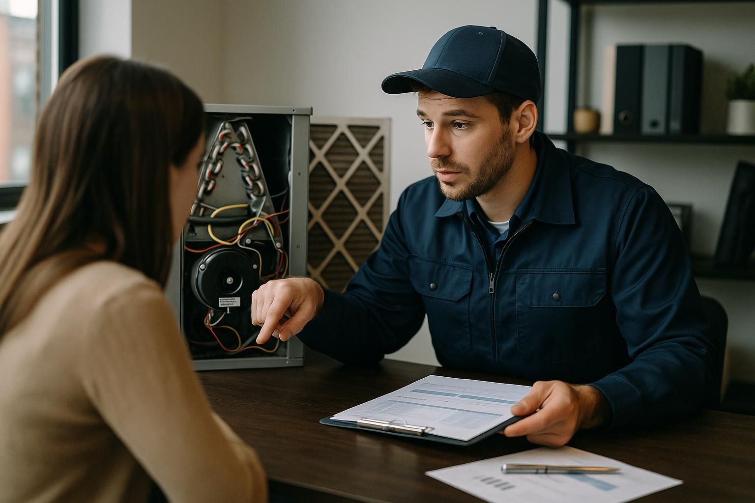 Technician in uniform servicing an air conditioning unit on a rooftop with tools, illustrating hvac services and repair