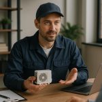 HVAC technician adjusting thermostat in front of furnace and AC unit, illustrating hvac services heating & air conditioning