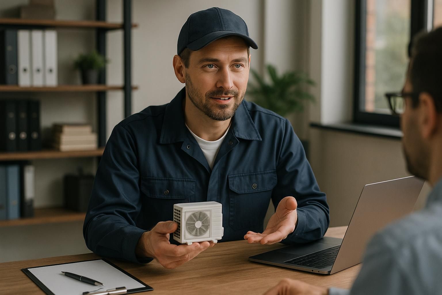 HVAC technician adjusting thermostat in front of furnace and AC unit, illustrating hvac services heating & air conditioning