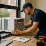 Technician performing window air conditioning installation service on a residential window using ladder and tools