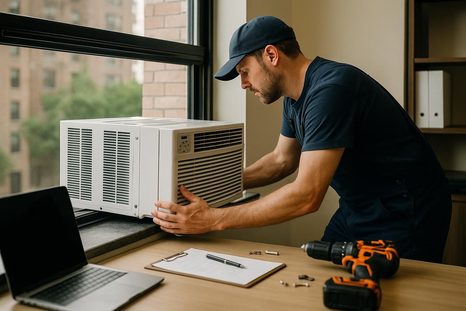 Technician performing window air conditioning installation service on a residential window using ladder and tools