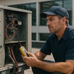 Technician in safety gear inspecting rooftop HVAC units for commercial hvac maintenance services under a clear sky
