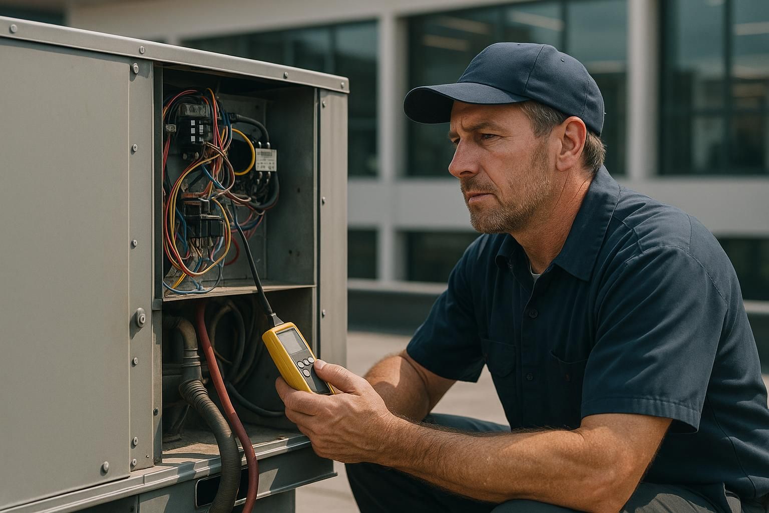 Technician in safety gear inspecting rooftop HVAC units for commercial hvac maintenance services under a clear sky