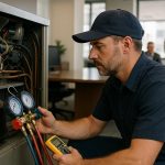 Technician inspecting rooftop HVAC unit on office building facade for commercial hvac maintenance services near me