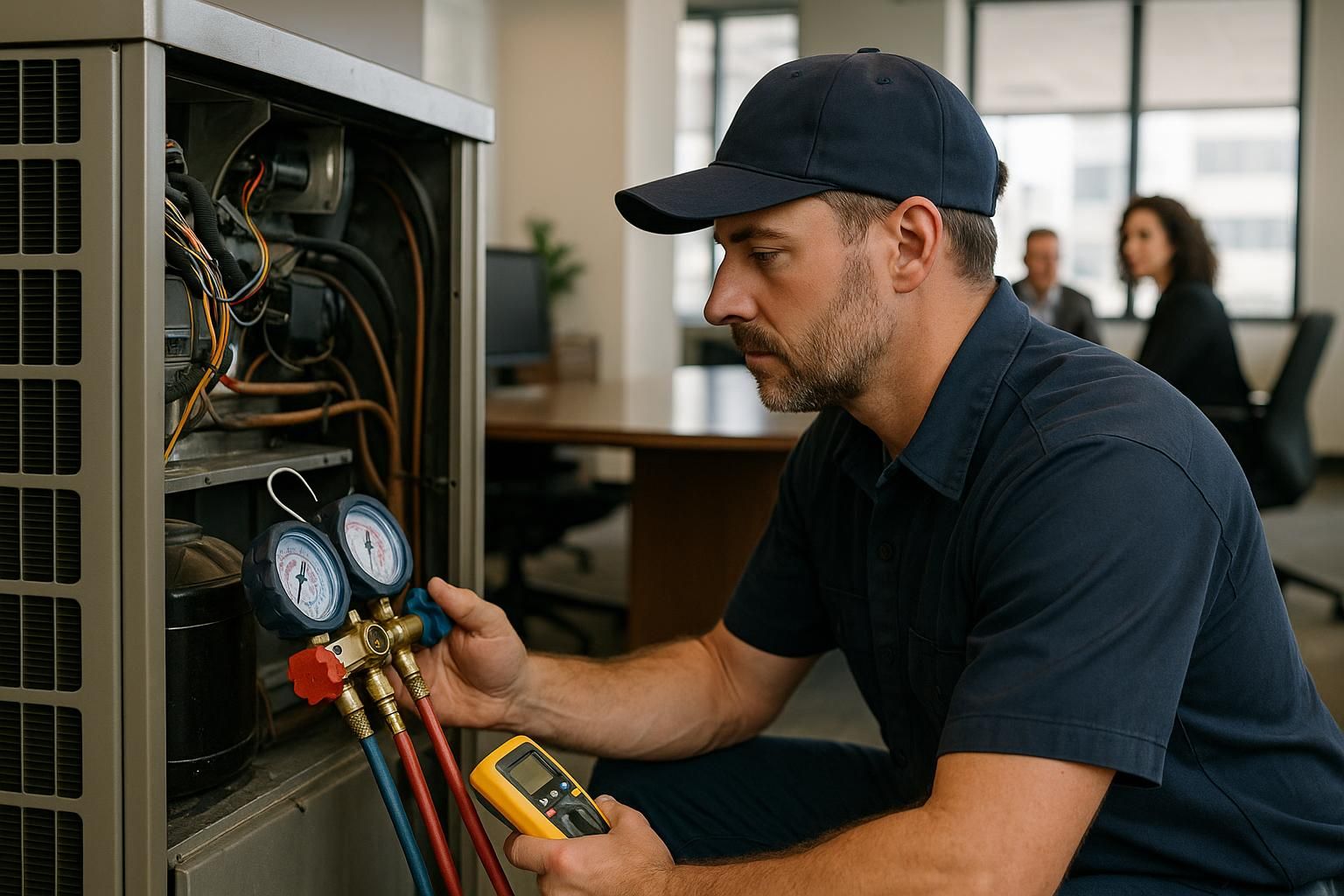Technician inspecting rooftop HVAC unit on office building facade for commercial hvac maintenance services near me
