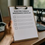 Technician reviews electric furnace maintenance checklist on a clipboard beside a modern furnace in a bright utility room