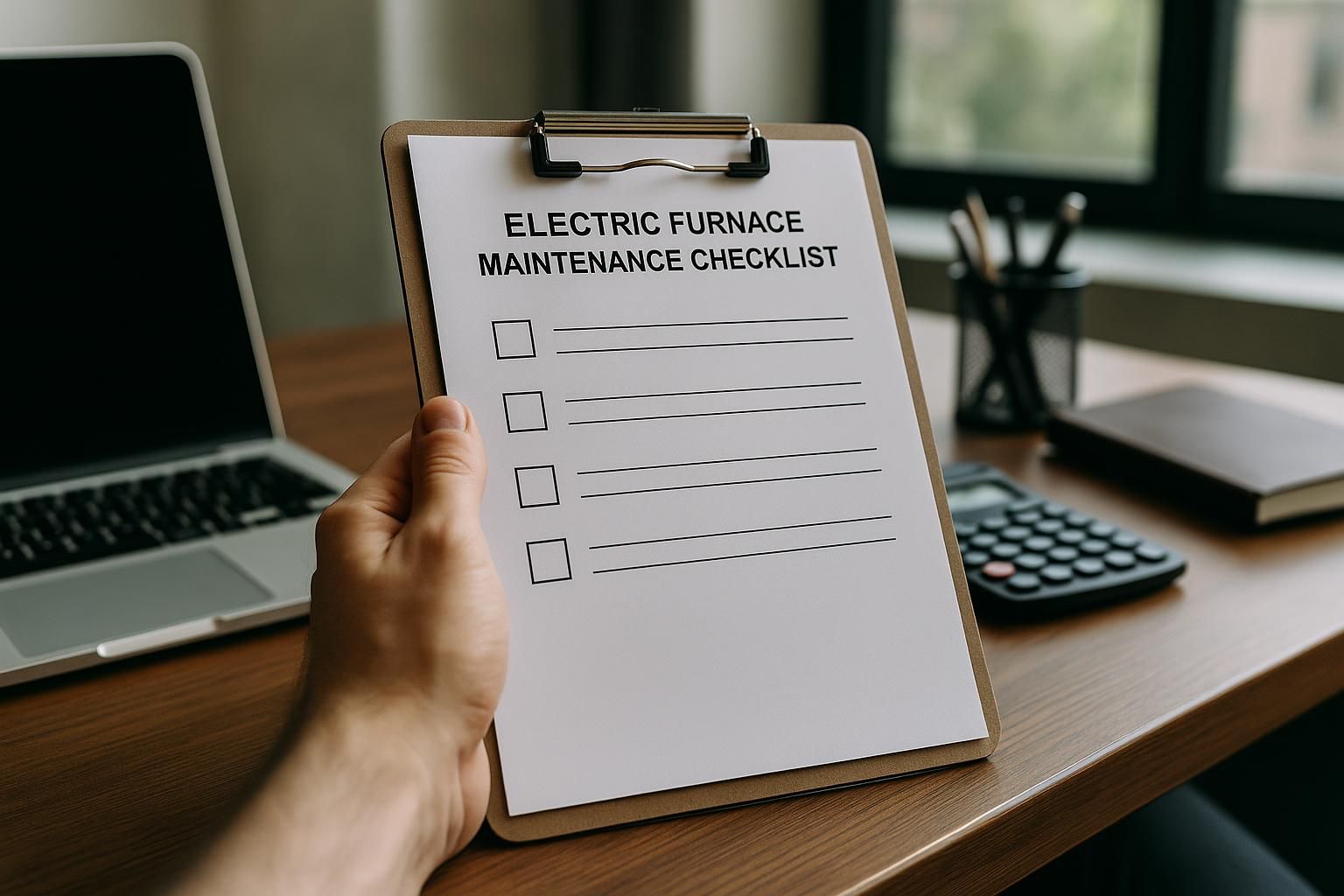 Technician reviews electric furnace maintenance checklist on a clipboard beside a modern furnace in a bright utility room