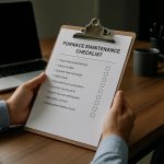 Person reviewing a furnace maintenance checklist PDF on a tablet while inspecting a modern home furnace in a bright basement
