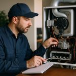 Heating system maintenance services technician checks a home furnace with tools, ensuring efficient, safe indoor warmth