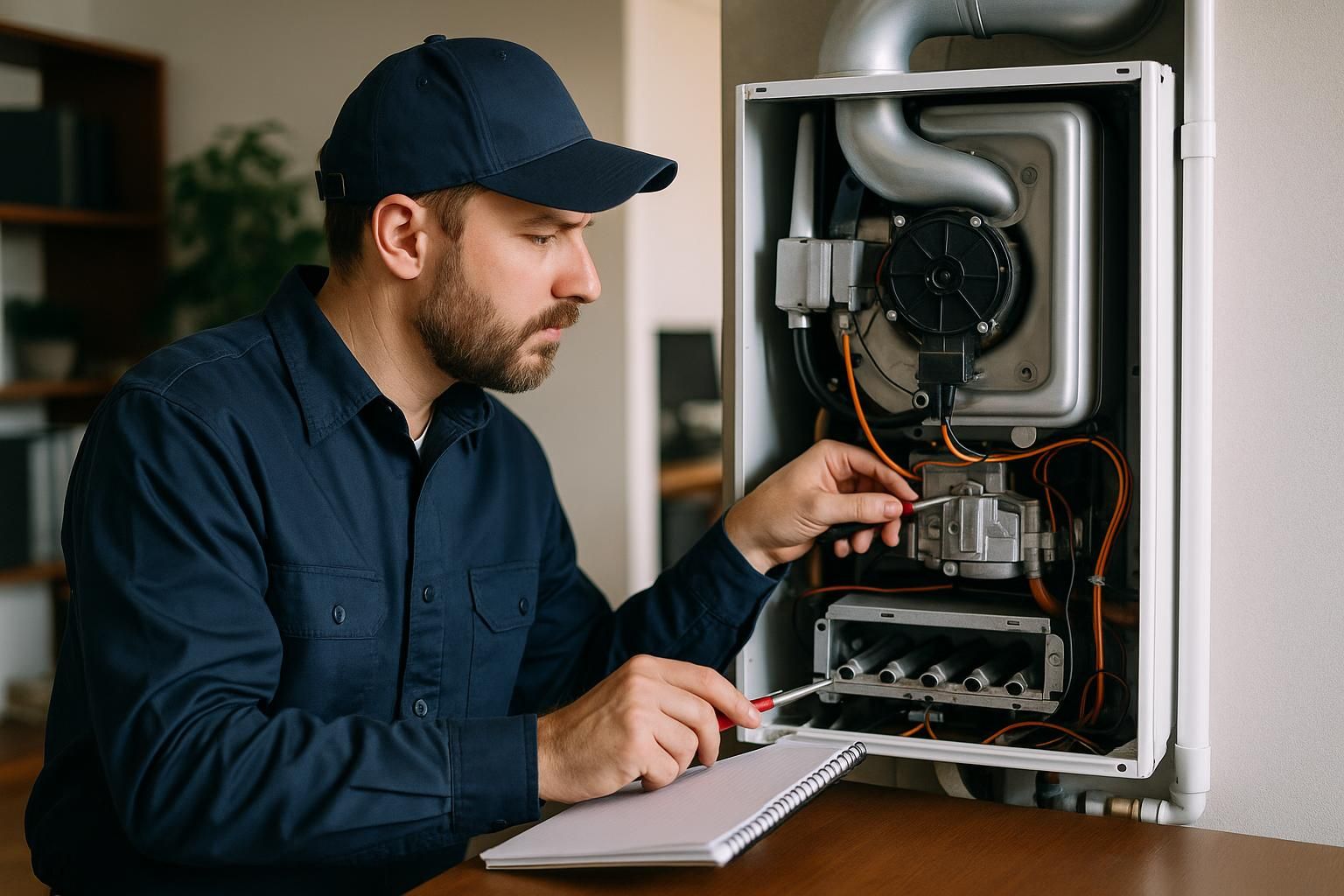 Heating system maintenance services technician checks a home furnace with tools, ensuring efficient, safe indoor warmth