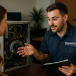 Technician in uniform inspecting and repairing a home HVAC unit, illustrating hvac maintenance and repair services