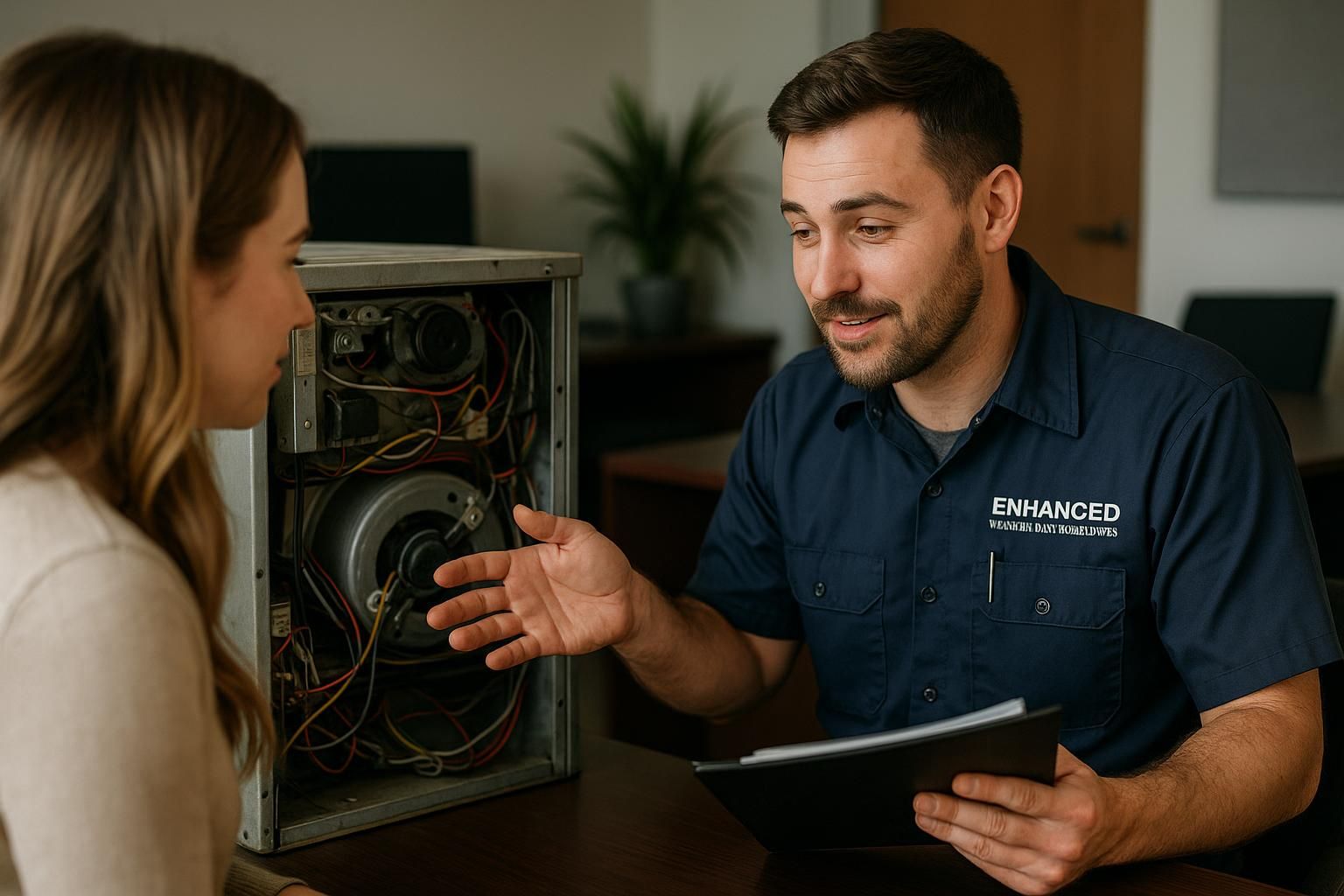 Technician in uniform inspecting and repairing a home HVAC unit, illustrating hvac maintenance and repair services