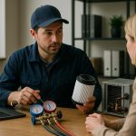 Technician inspecting air ducts behind a home furnace representing hvac maintenance & repair services