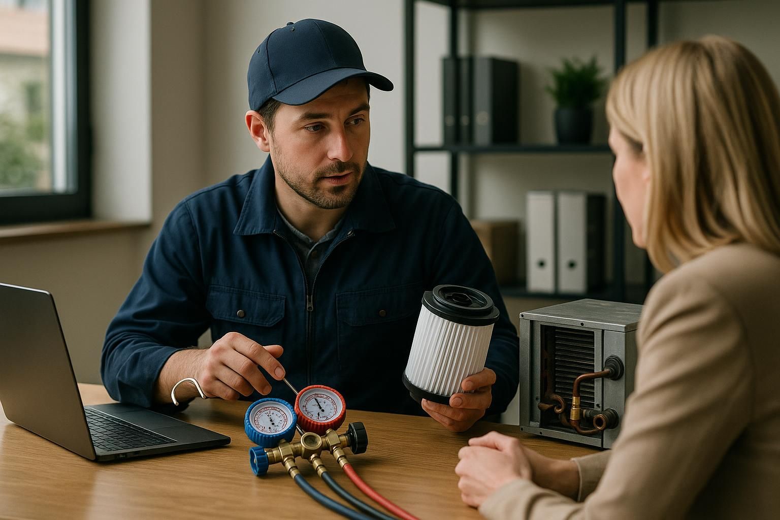 Technician inspecting air ducts behind a home furnace representing hvac maintenance & repair services