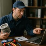 Rooftop technician checking air conditioning unit with tools, illustrating hvac maintenance services for climate control