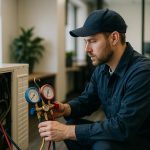 Technician inspecting a rooftop HVAC unit by a house, representing hvac maintenance services near me