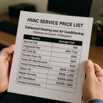 Modern flat lay showing an hvac service price list on a clipboard beside tools and duct pipes over a wooden table