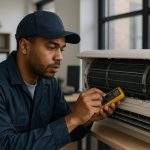 Rooftop HVAC unit with technician cleaning coils and checking gauges illustrating maintenance hvac services