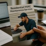 Technician performing residential hvac maintenance services on an outdoor air conditioner unit at a suburban home