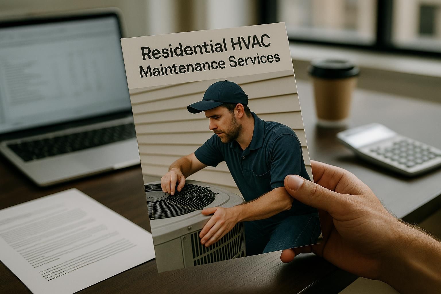 Technician performing residential hvac maintenance services on an outdoor air conditioner unit at a suburban home