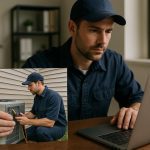 Technician inspecting outdoor air conditioner by a house for residential hvac maintenance services near me