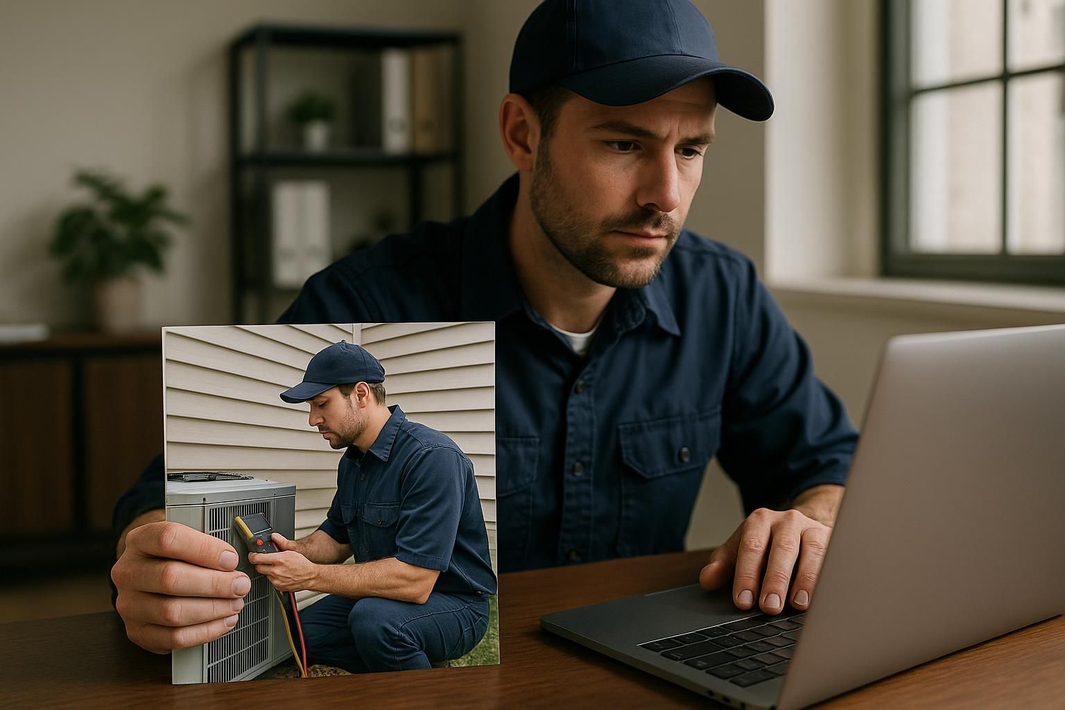 Technician inspecting outdoor air conditioner by a house for residential hvac maintenance services near me