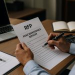 Technician in uniform reviews rfp hvac maintenance services on clipboard beside industrial air handling unit at facility