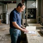 Homeowner reviews paperwork in basement HVAC area