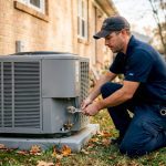Technician servicing residential HVAC unit outdoors