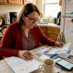 Homeowner reviews HVAC plans at kitchen table