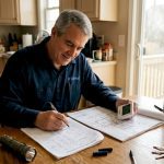 HVAC technician calculating home load at kitchen table