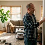 Homeowner adjusting thermostat in lived-in living room