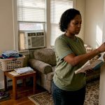 Homeowner checks thermostat beside running AC