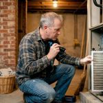 Homeowner checking heat pump in basement