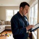Technician reviewing HVAC settings in home