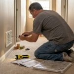 Homeowner checking vent with HVAC tools nearby