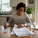 Homeowner reviewing HVAC warranty papers at kitchen table